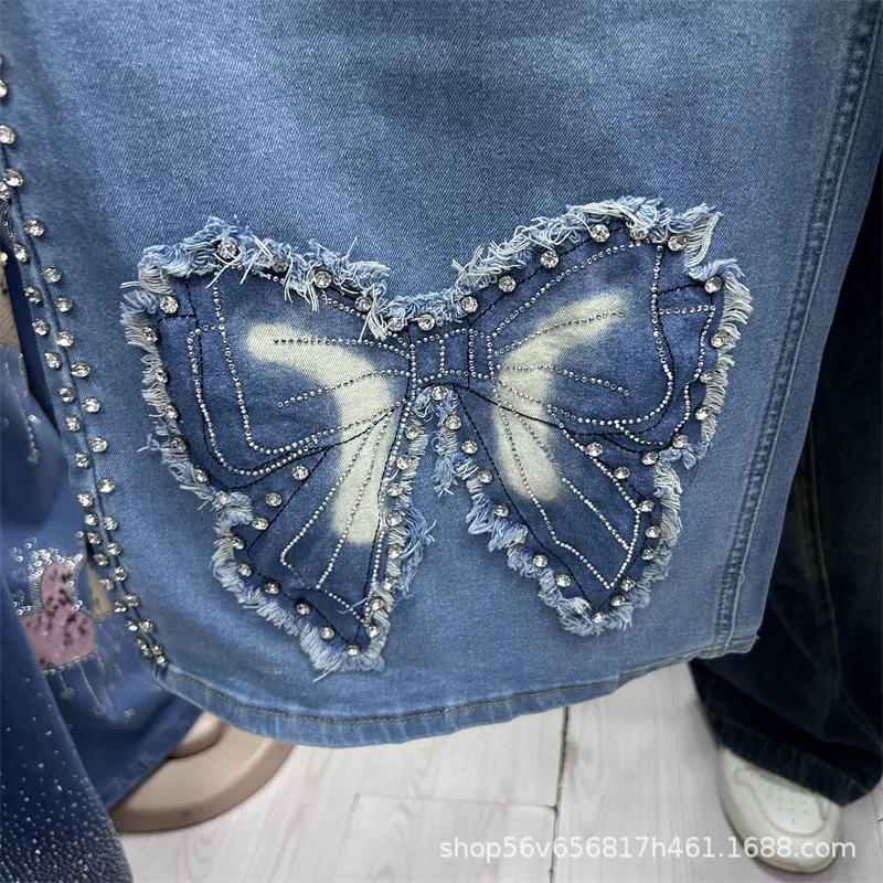 New Spring Summer Loose Women Two-piece Set Embroidery Butterfly White Short Sleeve T-shirt + Casual Wide Leg Straight Jeans view 3