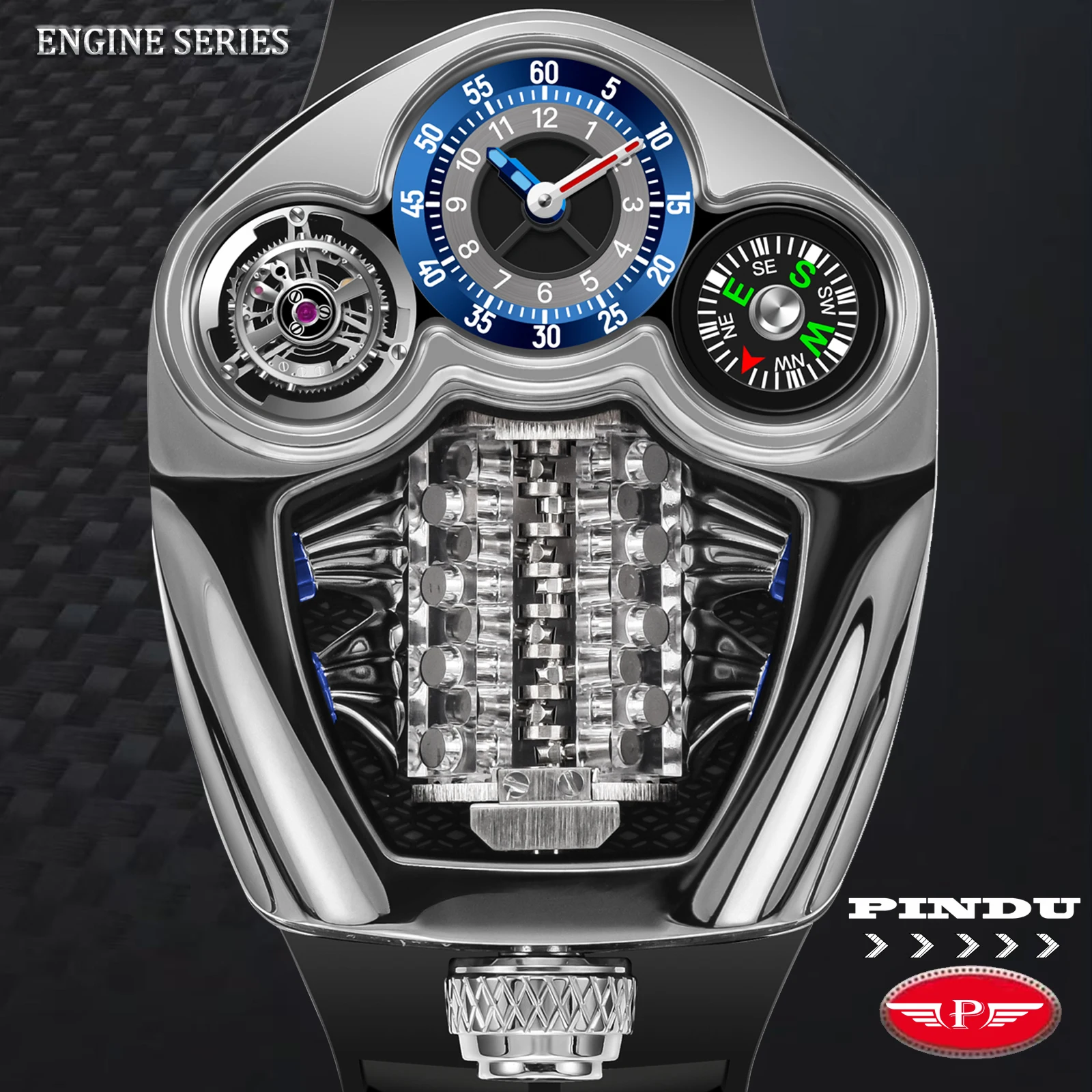 

PINDU Design NEW Engine Series Quartz Watch Men TOP-luxurious Stainless steel Compass Waterproof Swiss quartz 762 movement watch