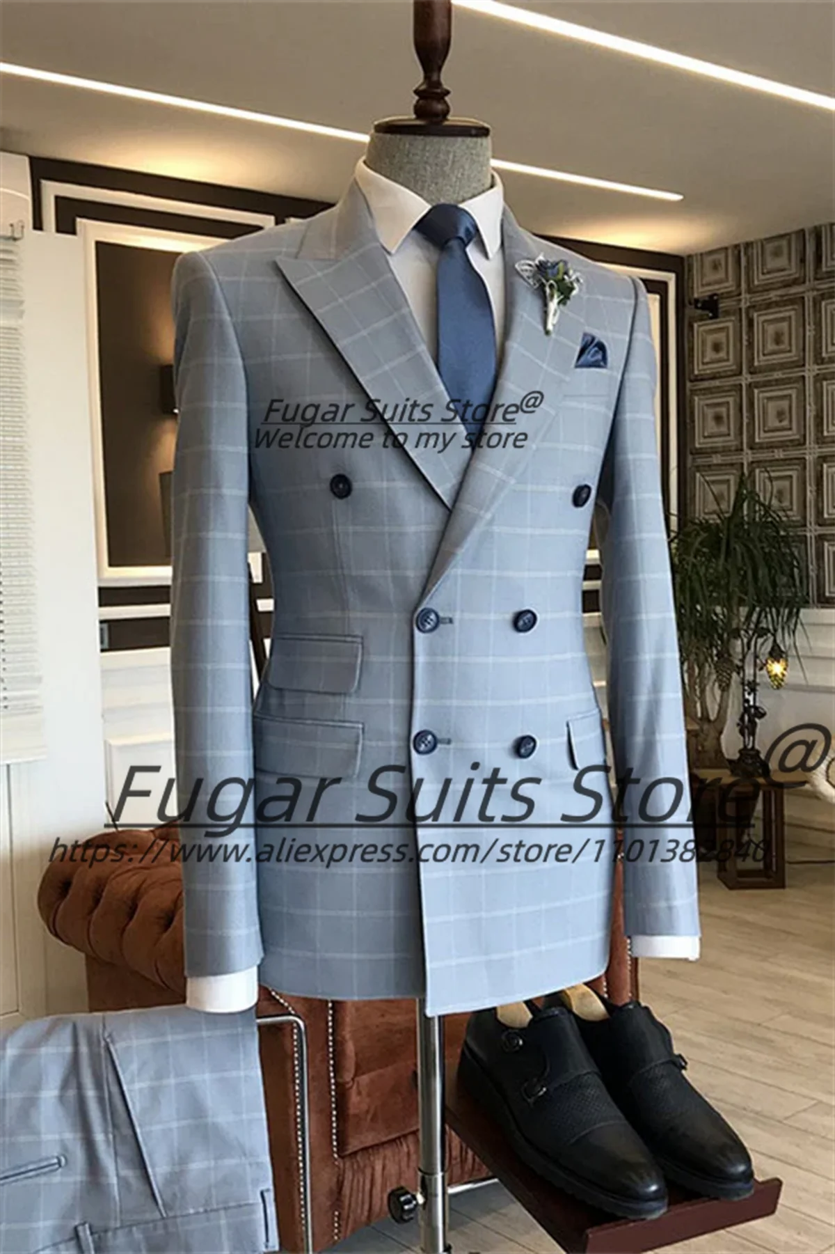 Handsome Plaid Wedding Suits For Men Slim Fit Double Breasted Groom Formal Tuxedos 2Pieces Sets Classic Male Blazers Ropa Hombre