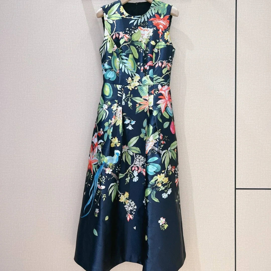 

Leaf Print New Black Floral Sleeveless O-neck Tank Waist Positioning and Pleating Midi Dress for Women