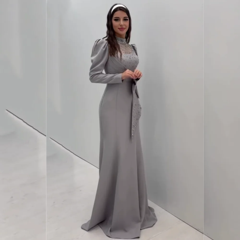 

Длинные платья русалки со складками из джерси и бантом по индивидуальному заказу, с высоким воротником, на заказ, для женщин, роскошный вечер, элегантная вечеринка, свадьба