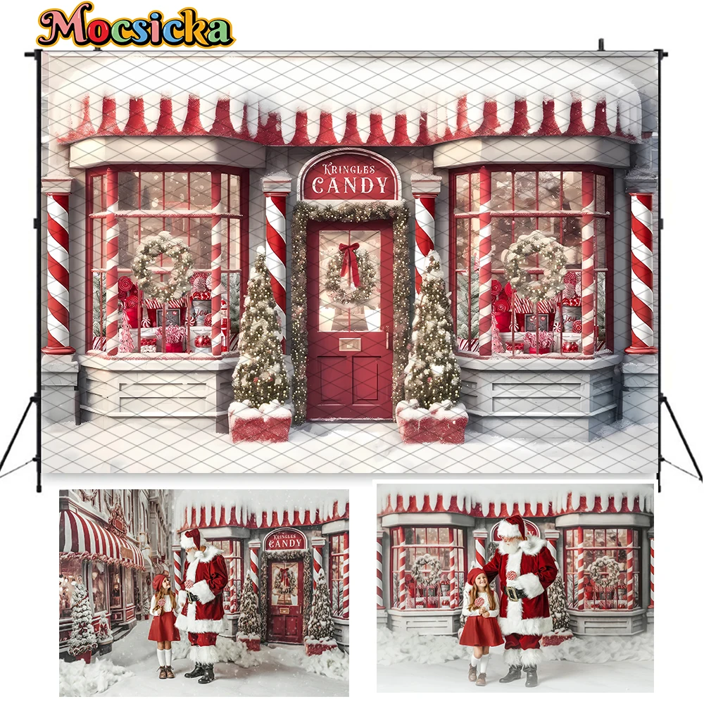 Winter Christmas Gift Candy Store Photocall Backdrop Santa Claus XMAS Tree Wreath Kids Background Boys Girls Photography Banner