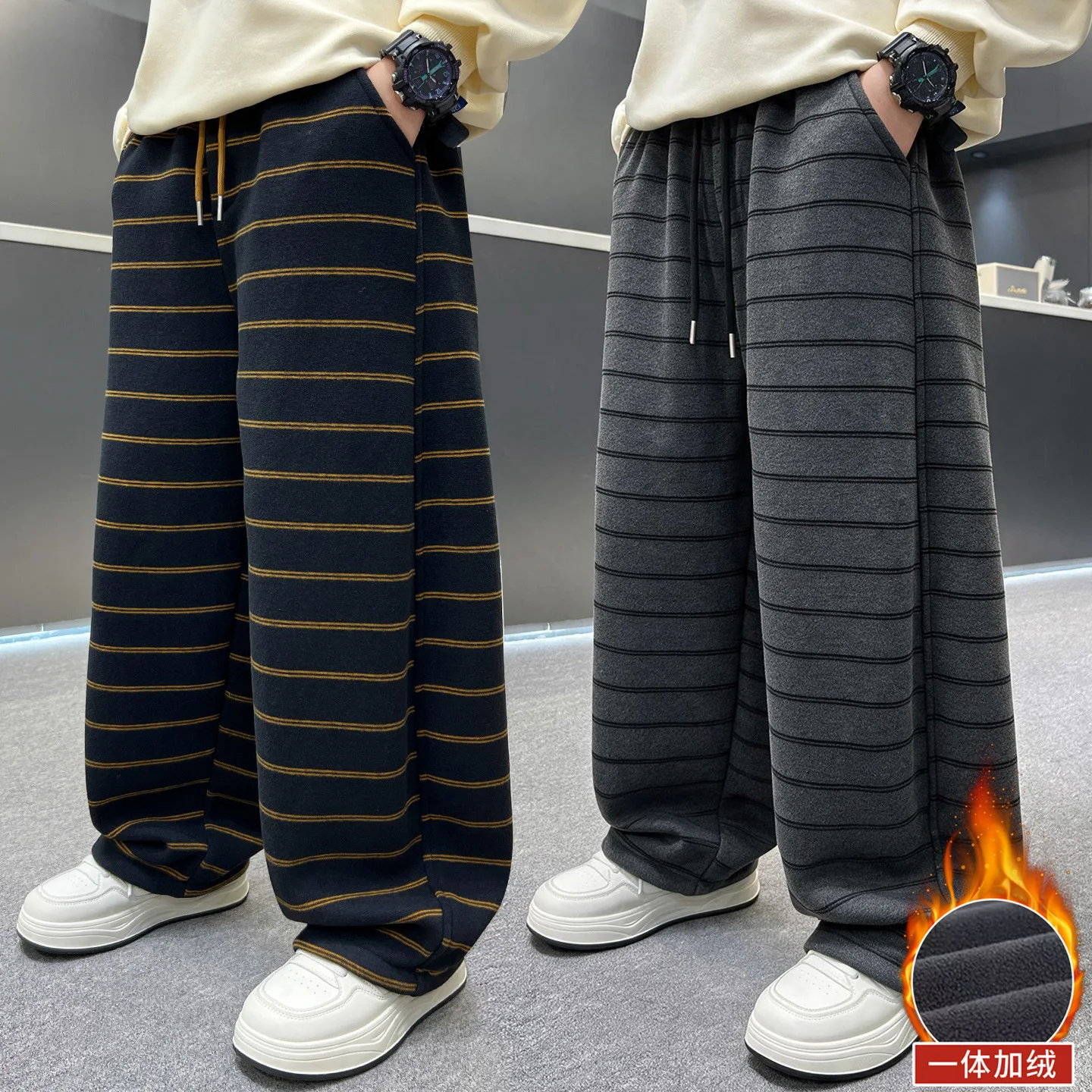 Kids Boys Winter Fleece Lined Striped Baggy Pants Wide Leg Elastic Drawstring Hip Hop Streetwear Grey Black Gold Stripe 5-14Y