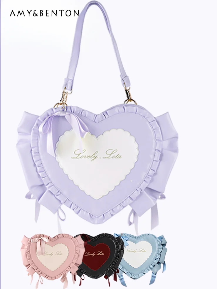 Sweet Subculture PU Hot Girl Heart Shoulder Bag Japanese Cute Kawaii Bow Fashion Double Shoulder Bag Women Messenger Bag Student