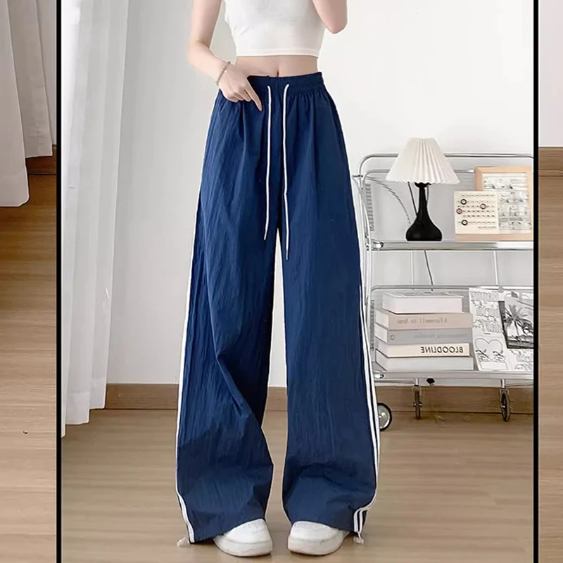 Nouveau Streetwear femmes rayé pantalon de créateur filles taille haute séchage rapide pantalon femme Chic coréen jambe droite pantalon