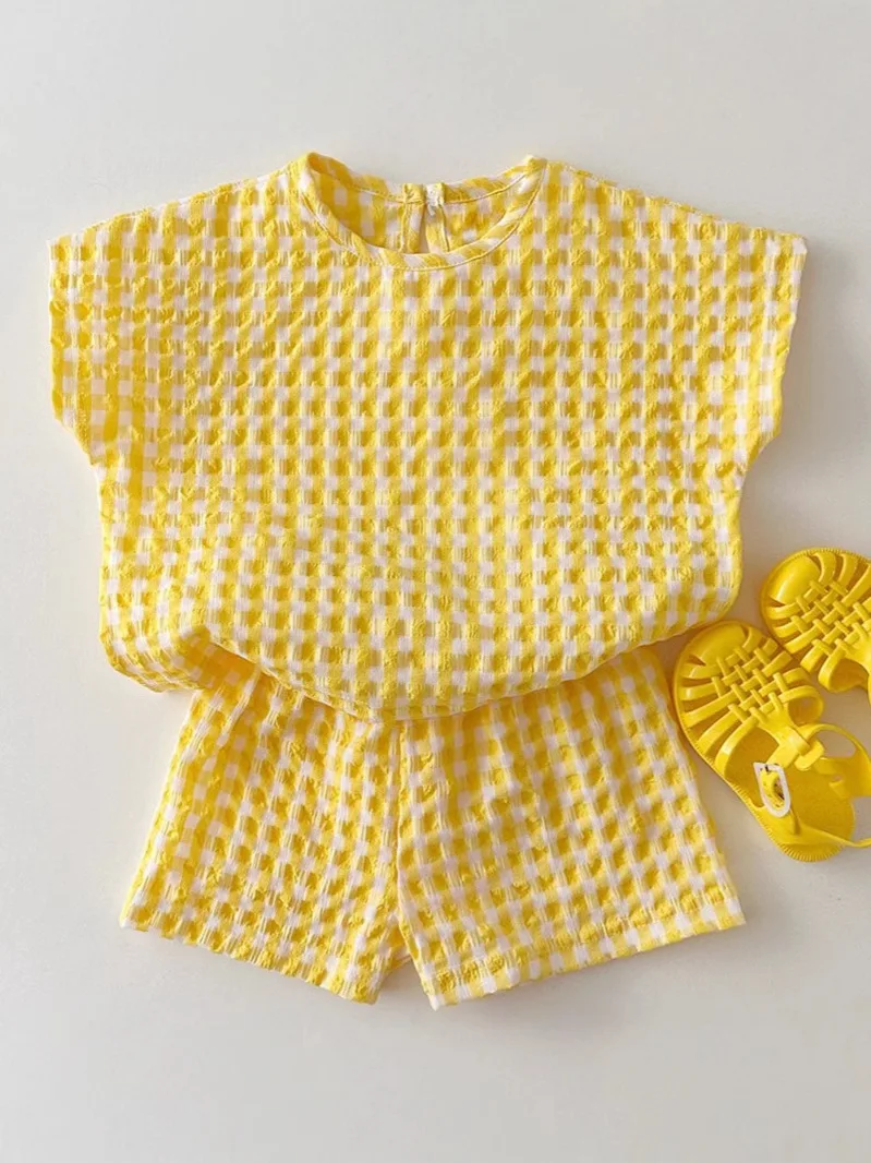 

2026 Summer New Children Short Sleeve Clothes Set Boys Girls Casual Versatile Plaid Shorts 2pcs Suit Thin Cotton Kids Outfits