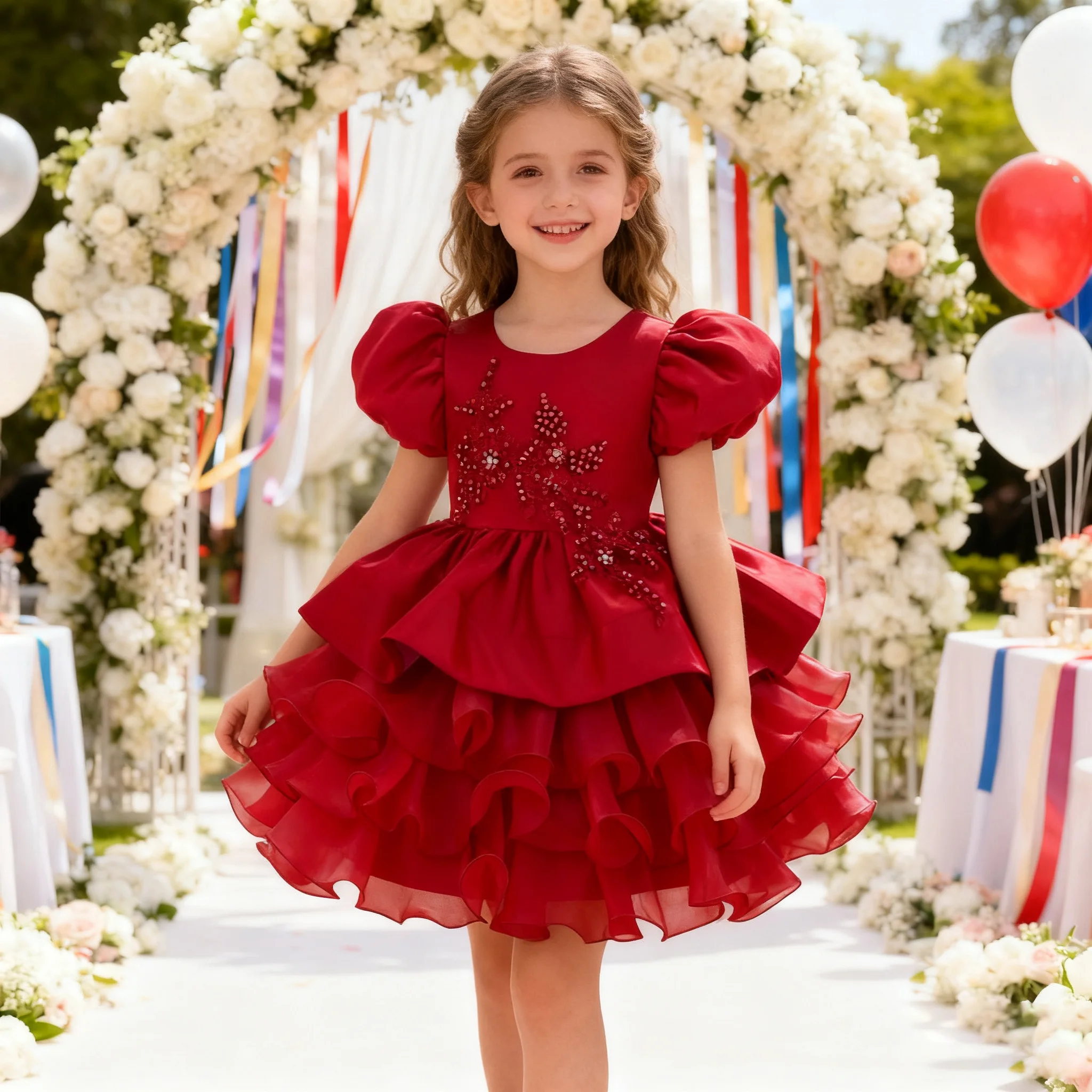 

Рождественское платье для девочек, пышная юбка принцессы для торжественных случаев, детское розовое свадебное платье из органзы с цветочным принтом