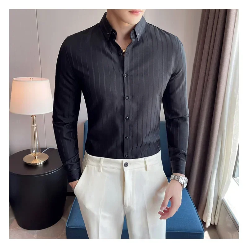 Spring New Long Sleeve Stripe Shirt Men 2023 Simple Slim Fit Casual Business Formal Wear Chemise Homme Dress Social Club Shirt