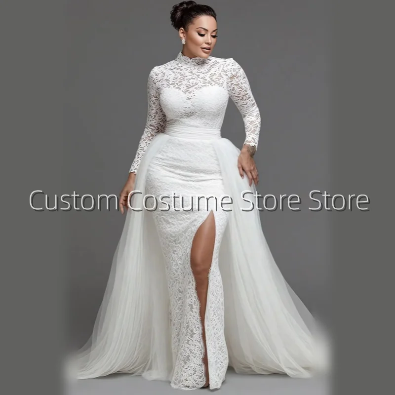 White Custom Chapel Lace Mermaid Wedding Dress High Neck Long Sleeve Fishtail Slit Bridal Gown Detachable Dragtail Customized