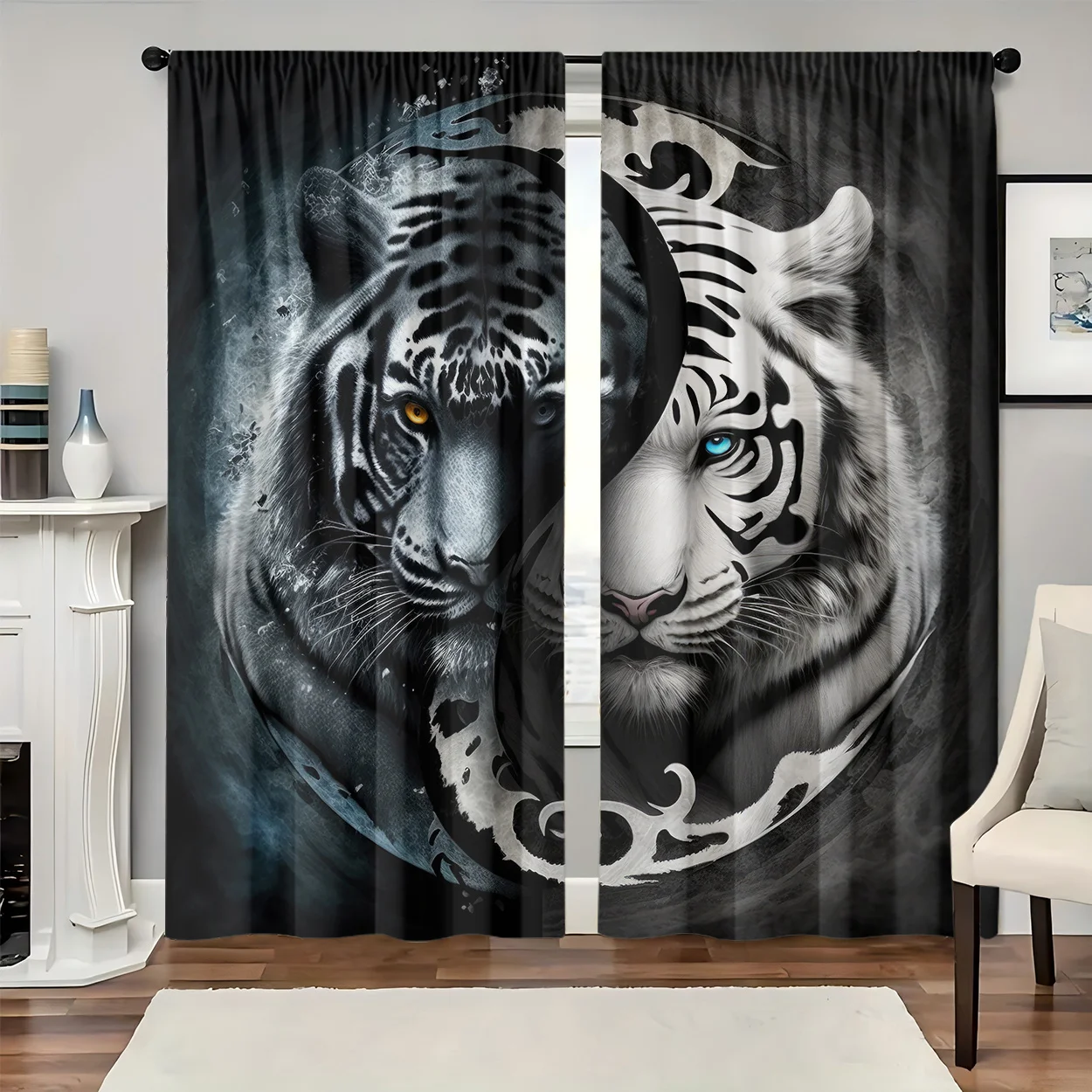 Yin Yang Tiger Curtains with Tai Chi Design, Mystical Animal Art Window Drapes for Living Room, Zen Style Blackout Curtains