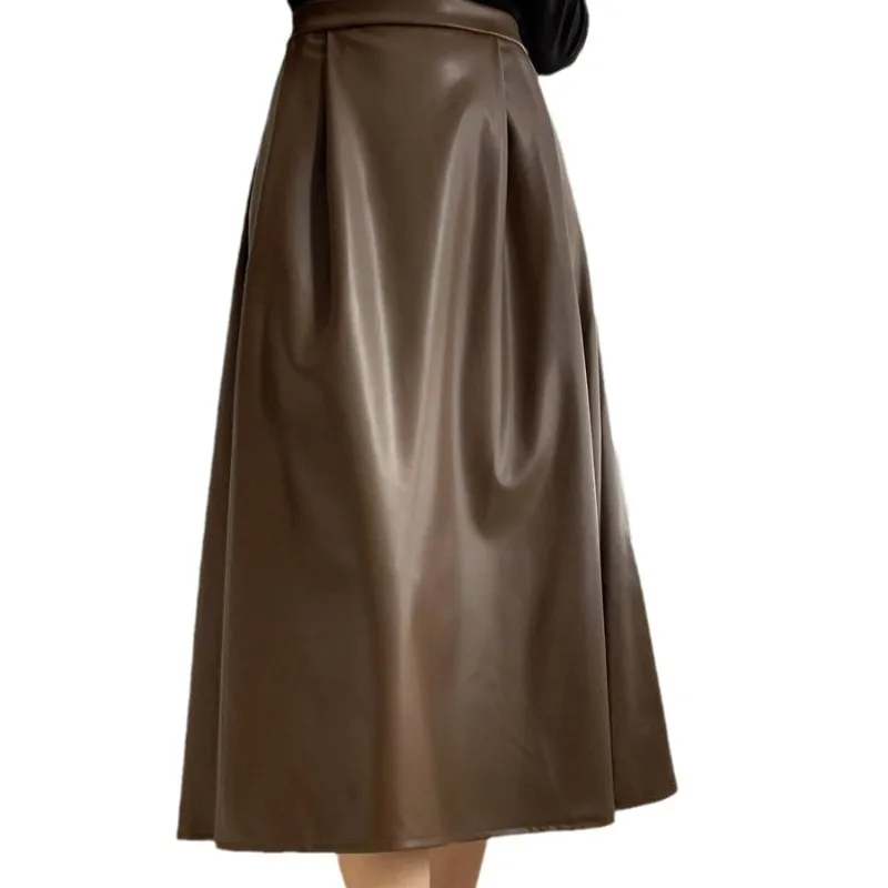 French Chic Autumn PU Skirts for Women Stretchable A-line High Waist Female Long Skirt Ladies Streetwear Leather Skirt