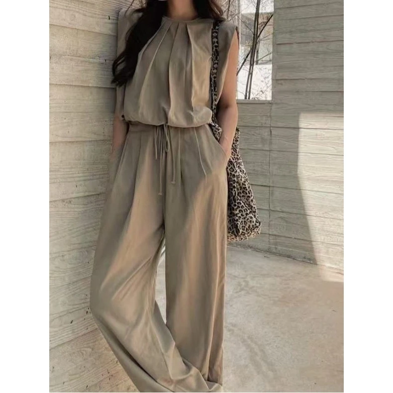 

East Gate Women's Casual Pleated Vest Shirt High Waist Pants Long Pants Set Cotton Material Suitable for Ages 25-35