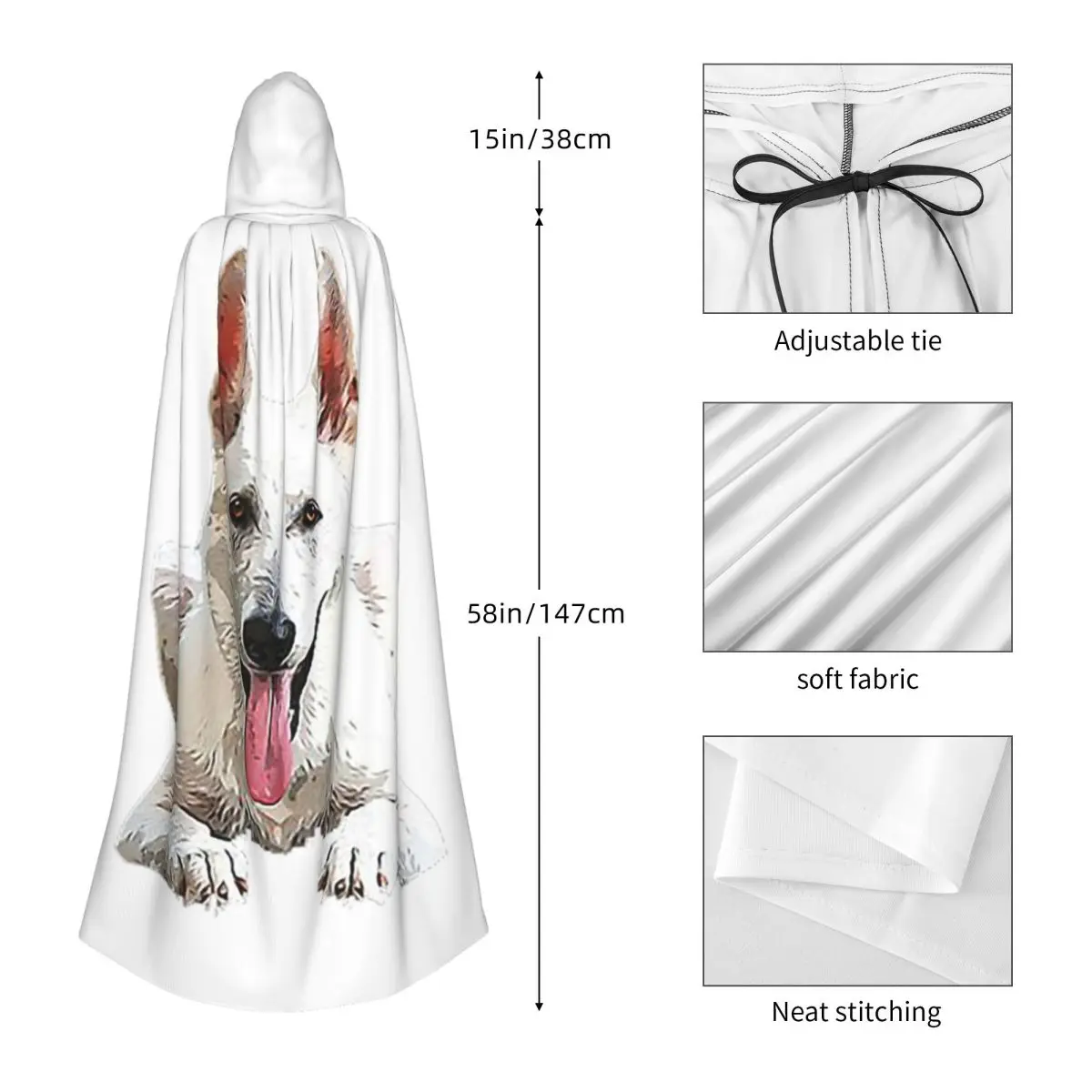White Swiss Shepherd White German Shepherd Long Hooded Cloak Witch Medieval Costume Cosplay Cape HalloweenCoat Adult Unisex - view 3