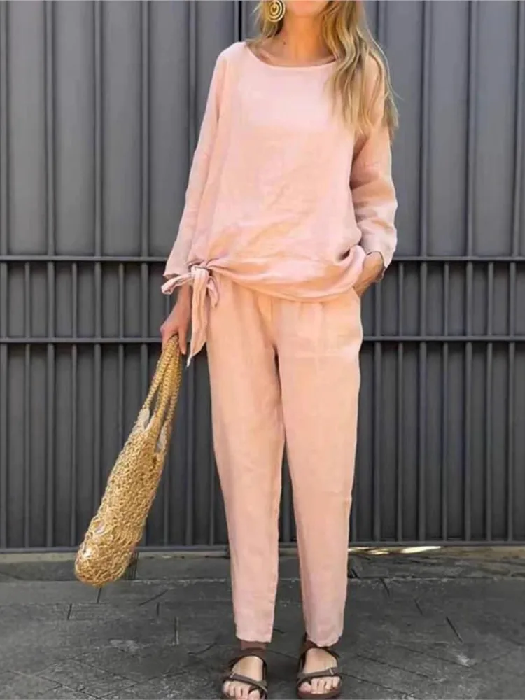 

Fashion Casual Set For Women 2025 Spring New O Neck Long Sleeve Loose Top + Pants Cotton Two Piece Sets Elegant Pink Suits Lady