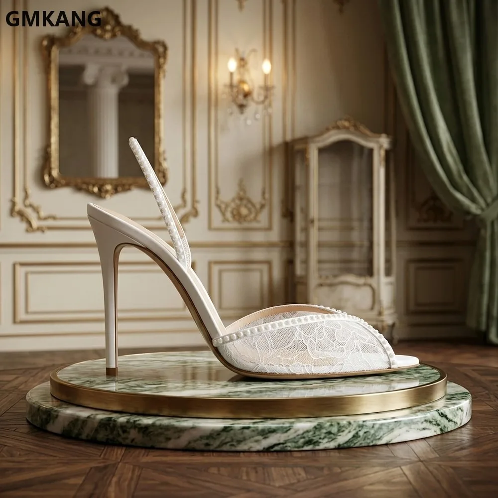 GMKANG Women's Pointed Toe Stiletto Heels Sandals Back Strap Peep Toe White Lace Crystal Banquet Shoes Summer Extra Large