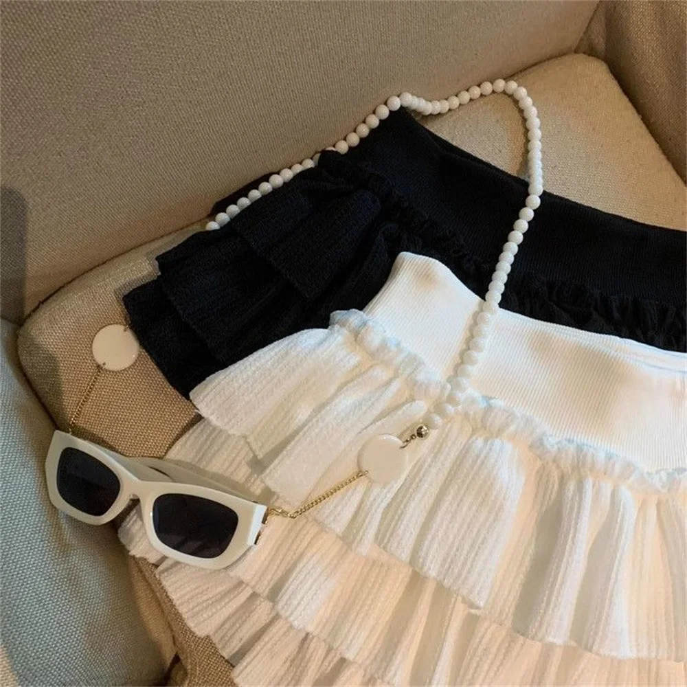 Sweet Ruffle Mini Skirt Women Puffy Cake Skirts Korean Fashion Ruched Campus Harajuku Casual Versatile Elastic Waist Solid Skirt