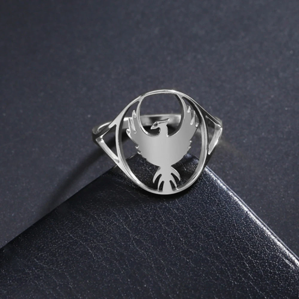 EUEAVAN Stainless Steel Phoenix Fire Bird Ring Guardian Angel Wings Mythology Animal Finger Rings Protection Amulet Jewelry Gift