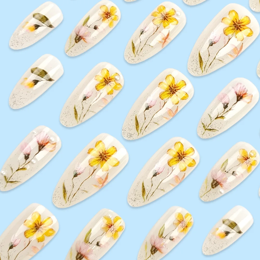 24 pezzi 2025 fiori adesivo riutilizzabile stampa su unghie acriliche glitter perle punte per unghie per unghie unghie finte con design all'ingrosso