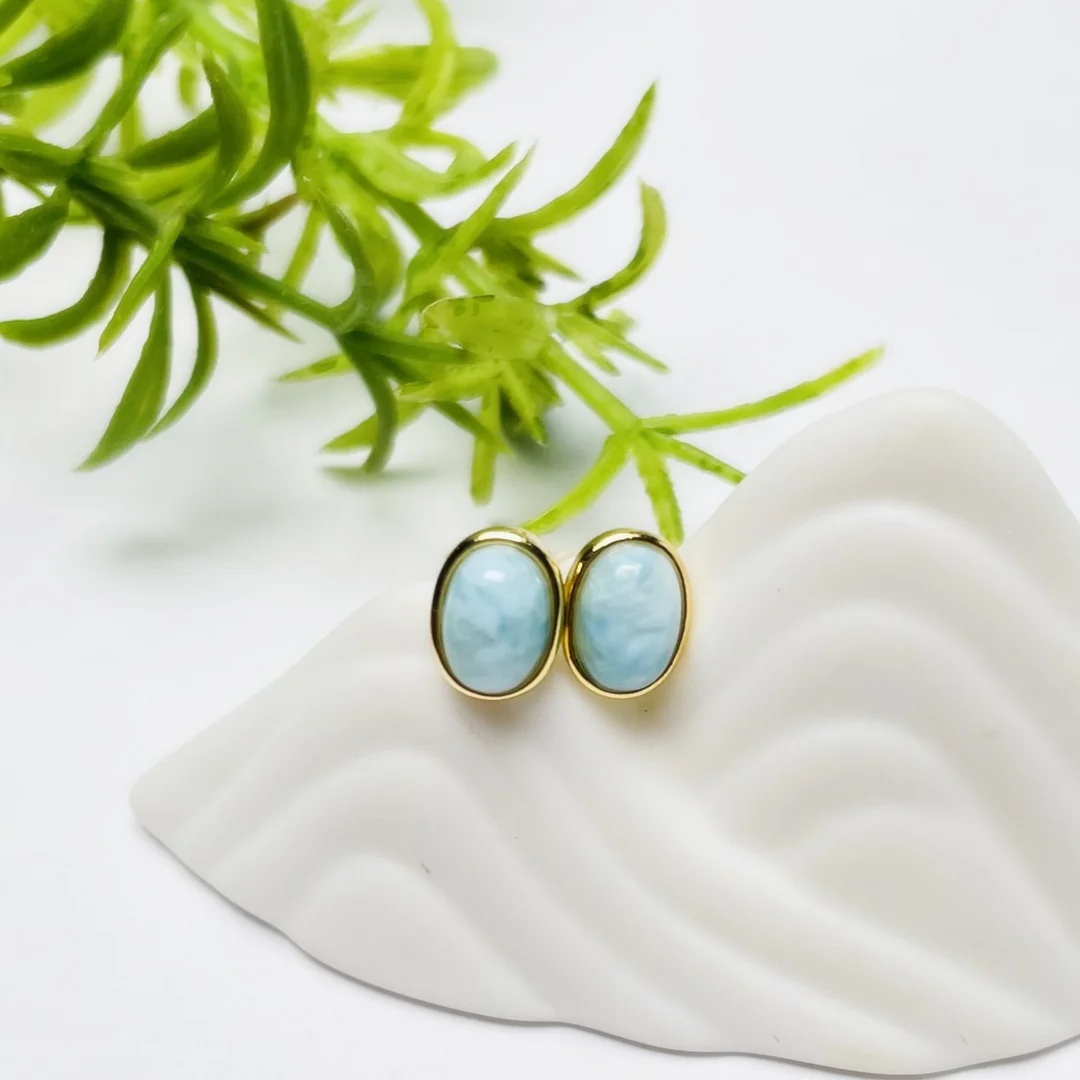 HUAYI wholesale simple Dominican nature Larimar ball Stud Earrings 925 Sterling silver rhodium Unisex fine Jewelry