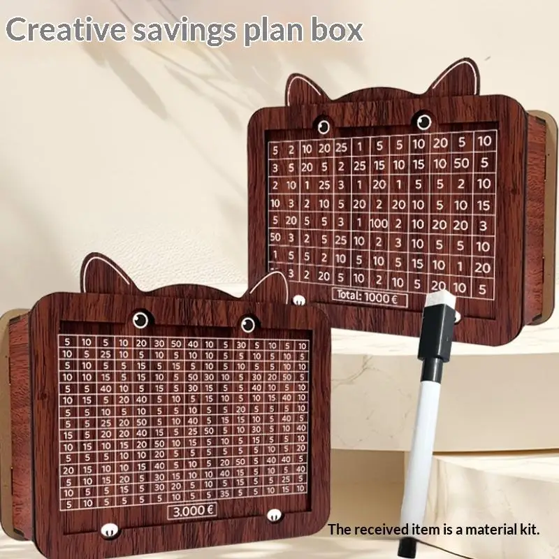1000/5000/10000 Euro Cat Wooden Piggy Bank, Savings Challenge Money Box with Dry Erase Reusable Tracker for Home Desk Decor
