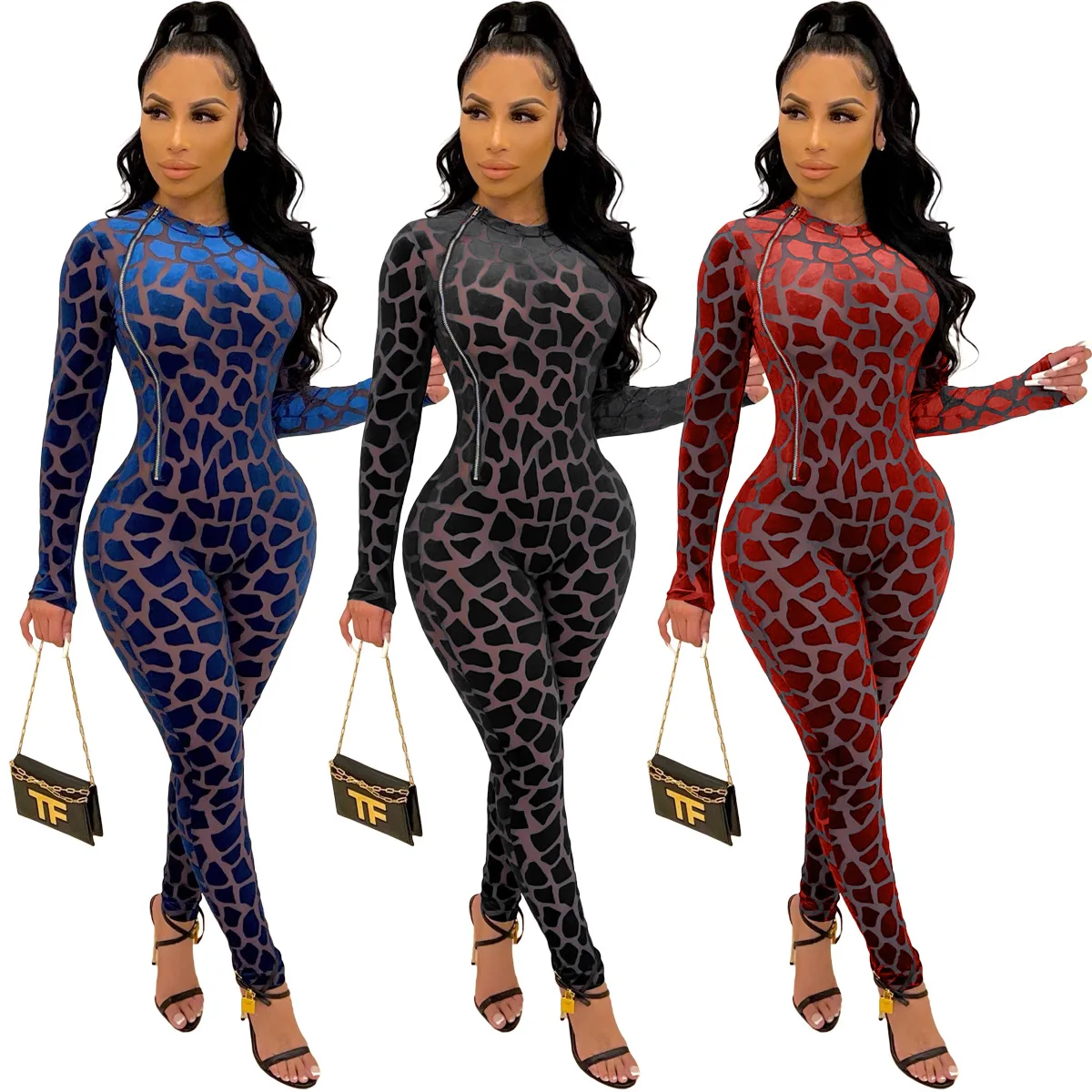 

European and American autumn and winter women's clothing New fashion slim sexy positioning burnt jumpsuit women