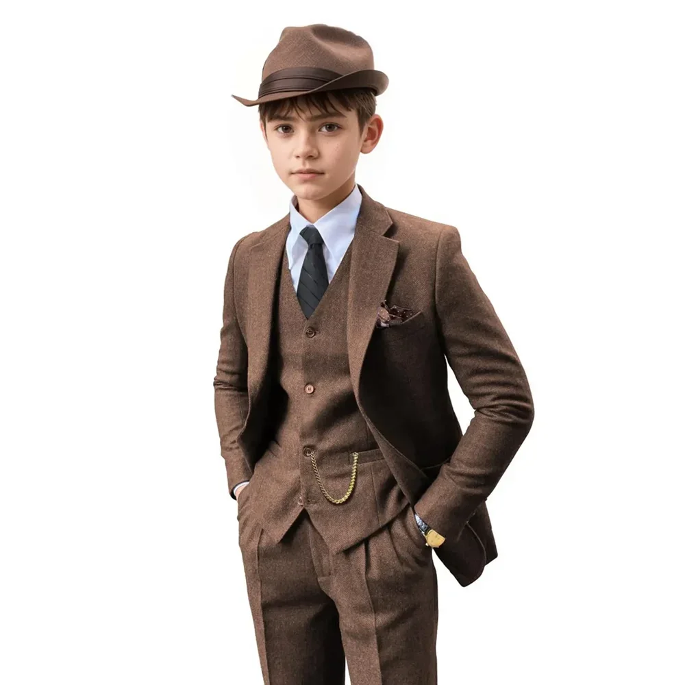 

Boys Suits 3 Piece Notch Lapel Tweed Herringbone Slim Kids Clothes Formal Wedding Party Children Tuxedos (Jacket+Vest+Pants)