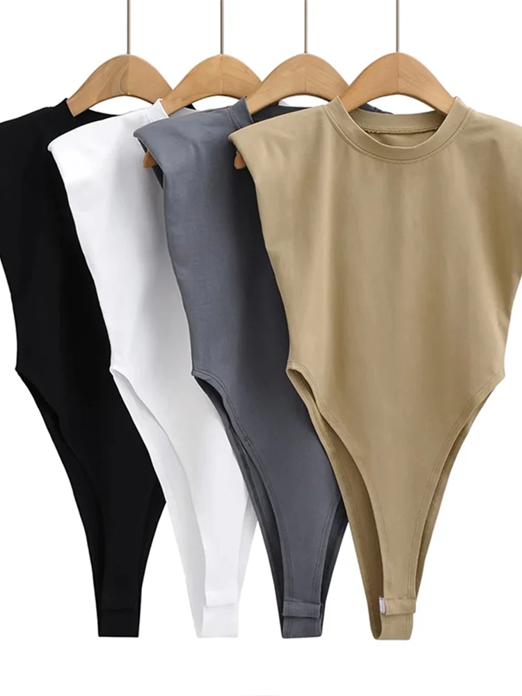 Sexy women's summer one-piece tight fitting sleeveless right angle padded shoulder jumpsuit