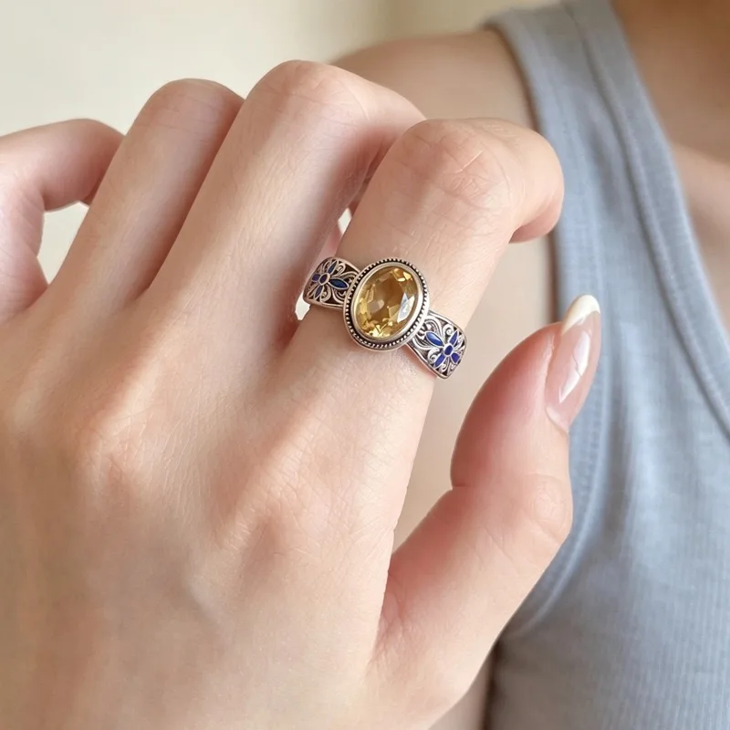 BF CLUB 925 Sterling Silber Ring für Damen, Schmuck im Retro-Stil mit orangefarbenem Stein, offener Vintage-Handgefertigter Ring, allergiefrei, für Party, Geburtstagsgeschenk – Detail 7
