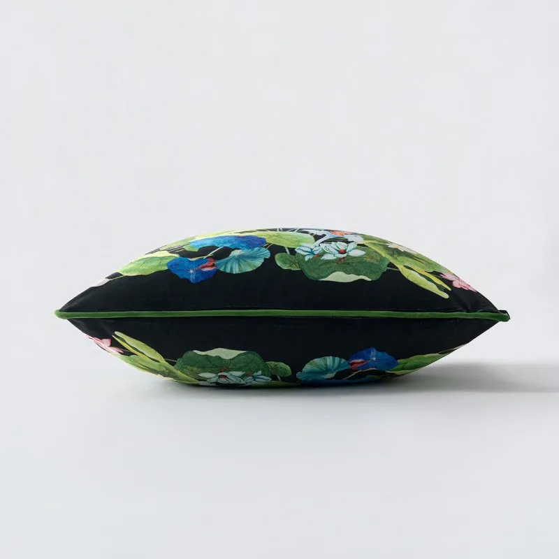 Lotus Print Velvet Cushion Cover Green Black Floral Throw Pillow Cover with Green Piping Luxury Home Decor Pillowcase For Sofa