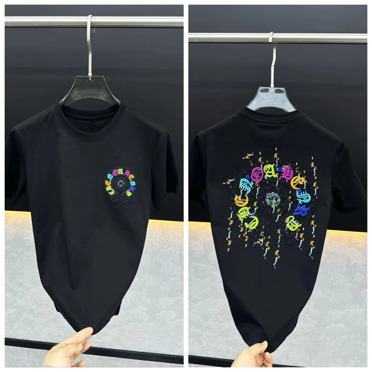 2026 Unisex White Cotton Tee Multi-color Circular Embroidery Back Print Small Chest Round Pattern Casual Short Sleeve Top