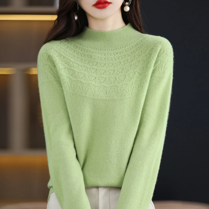 Ropa de lana 100% pura para mujer, jersey de Cuello medio alto ahuecado, de Color sólido, listo para usar, NJRG-1105