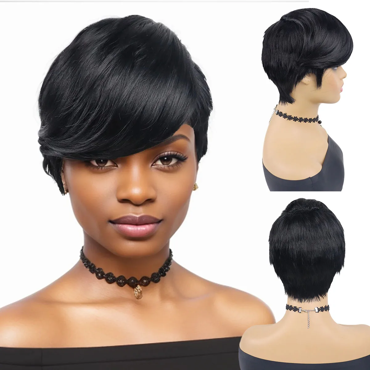 Synthetic Hair Short Pixie Cut Wig Brunette Woman Straight Hairstyles Black Wig with Bangs Natural Style Mommy Wigs Soft Health