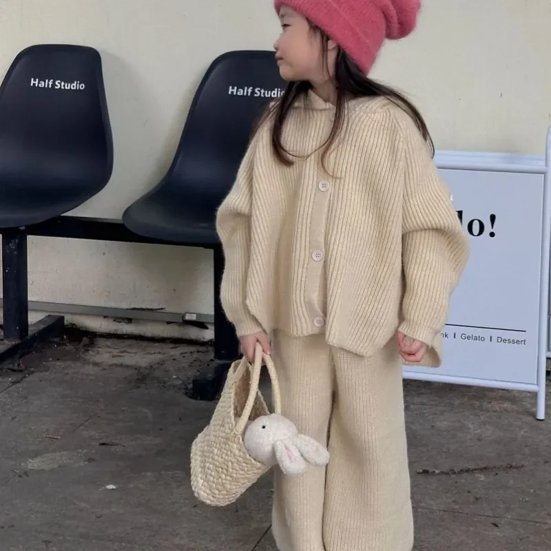 Baby Girl Knitted Sweater Set Autumn Winter Children Retro Hooded Sweater+Wide-Leg Pants 2PCS Cardigan Jacket Baby Clothes 1-12Y