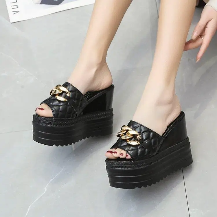 12cm Super High Heels Women Slippers Metain Chain Height Increasing Slides Women Wedding Shoes New Platform Black White Shoes