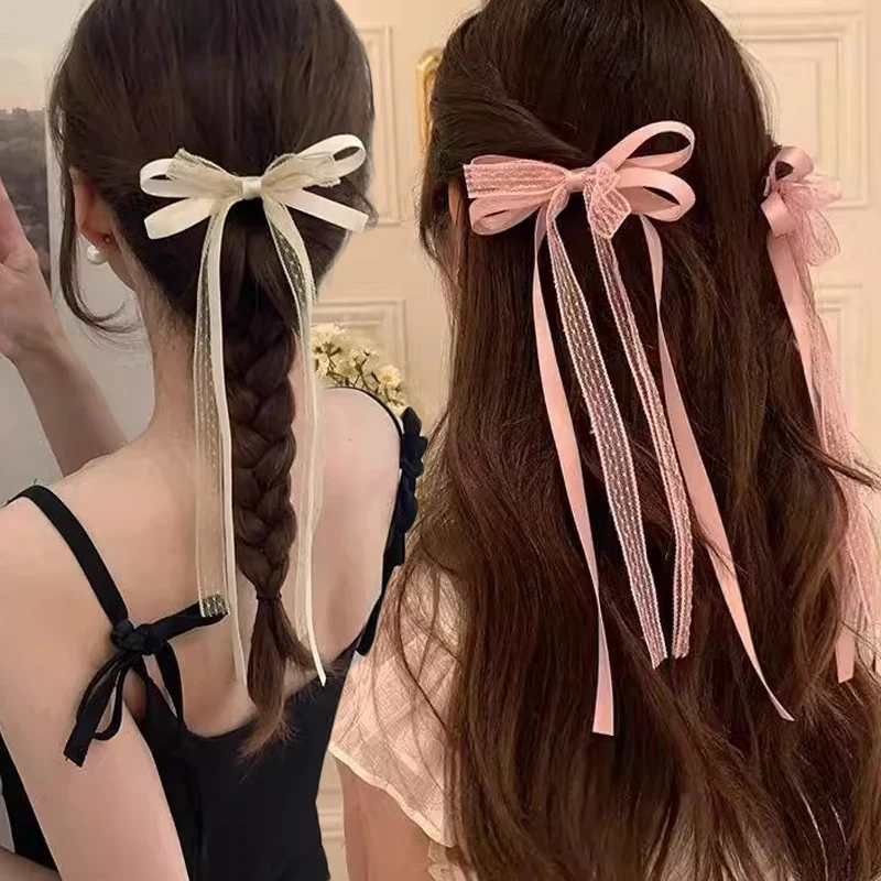 2Pcs Lace Long Bow Hair Clip for Women Girls Sweet Ribbon Tassel Bowknot Hair Pins Braid Barrettes Trend Hollow Out Headwears