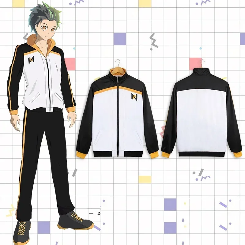 Subaru Natsuki Cosplay Costume Sportswear Re:Zero Kara Hajimeru Isekai Seikatsu Jacket Pants Suit Black White Tracksuit Uniform