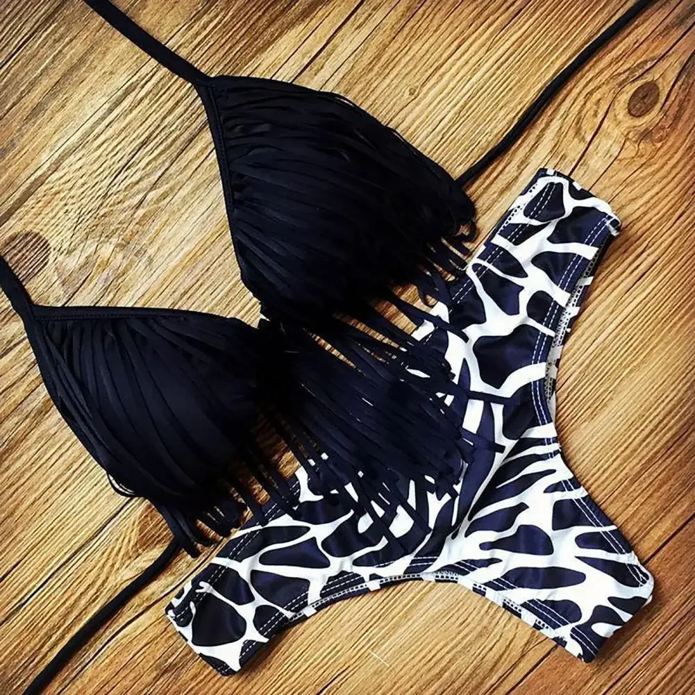 2 unids/set de Bikini de verano para mujer, traje de baño creativo con borlas de colores contrastantes y espalda descubierta, conjunto de traje de baño llamativo para Spa