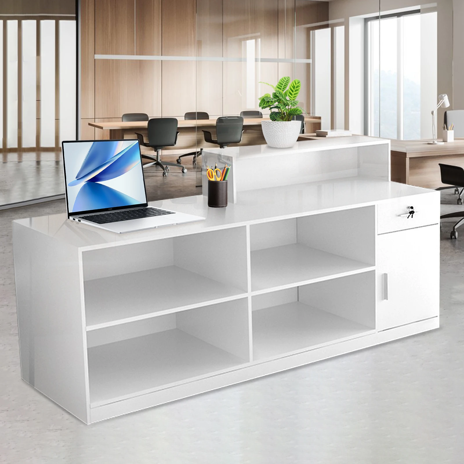 Modern Reception Desk with Lockable Drawer, File Cabinet & 4 Storage Compartments Front Desk Reception Counter, Made of Multi