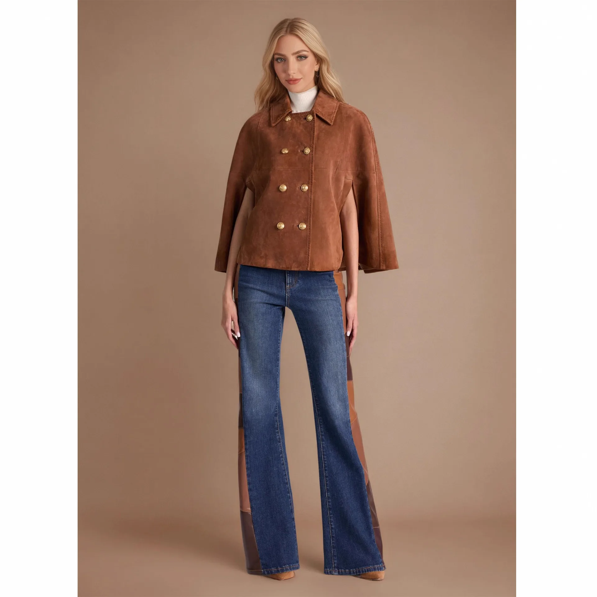 

Коричневая куртка-накидка из искусственной замши, женская винтажная двубортная куртка-пончо в стиле 70-х годов, шикарное короткое пальто с металлическими пуговицами, уличная верхняя одежда