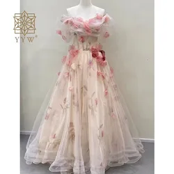 Floral Applique Women Fairy Evening Ball Gown Pink Mesh Tulle Evening Dresses Wedding Birthday Ceremony Prom Dress Off Shoulder