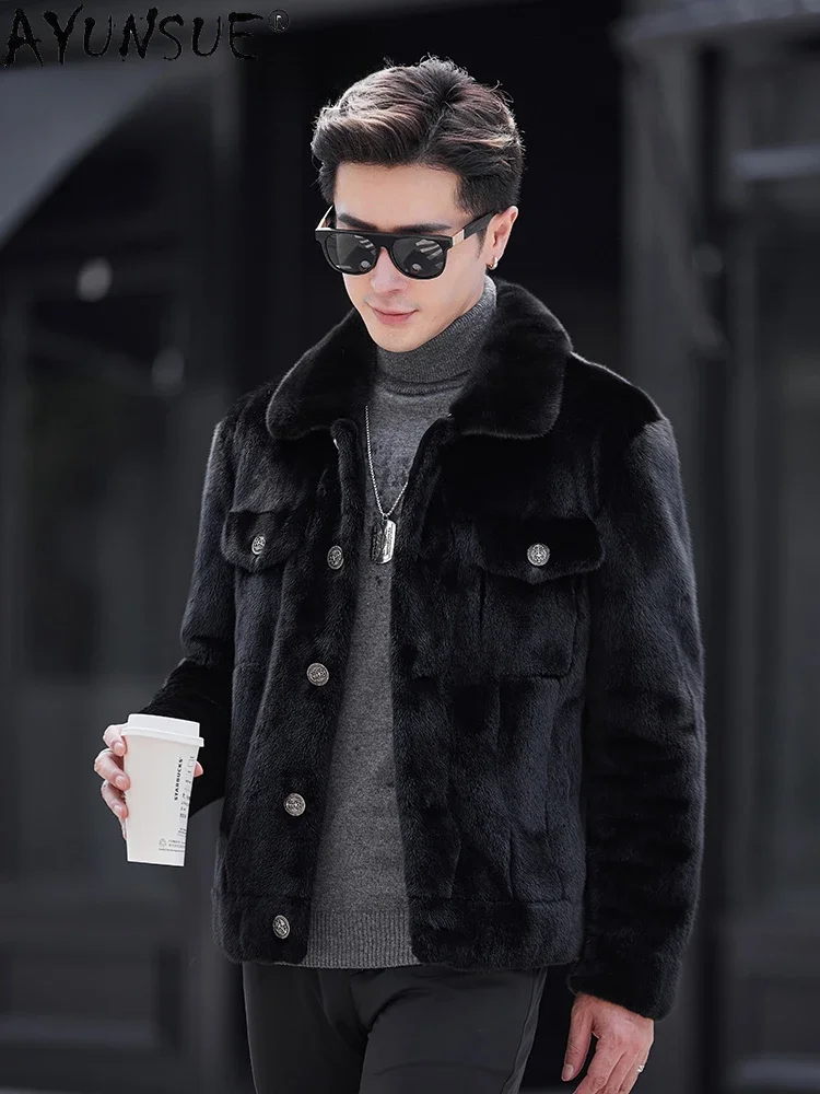 AYUNSUE Natural Fur Coat Mink Jackets for Men Clothing 2023 Fashion Single-breasted Real Mink Fur Coats Winter Outwear Jaquetas