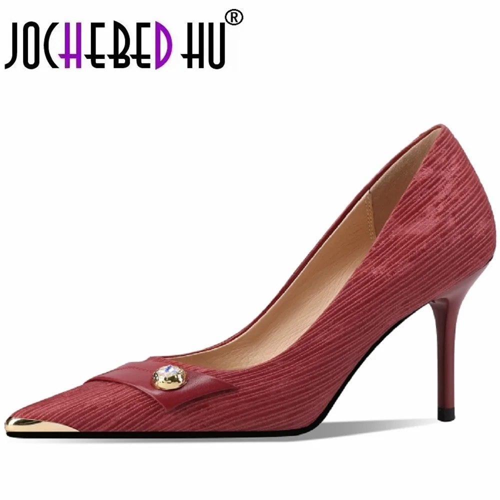 

【JOCHEBED HU】Women Pumps Thin Heels Pointed Toe Genuine Leather Mature Pumps Office Lady Working Shoes Basic 33-43