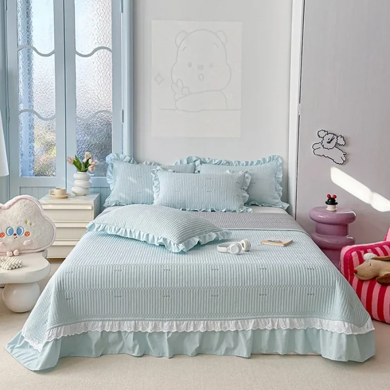 

New kapok twill bed cover three-piece row sewn bed cover cotton all-season universal padded cotton Korean lace solid color