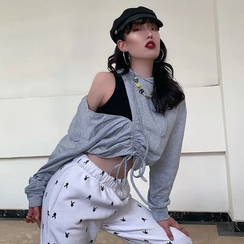 Gray Drawstring Off-shoulder Hooded Sweatshirt for Women Slim Short Belly Button Exposed Loose Sexy Top Trendy
