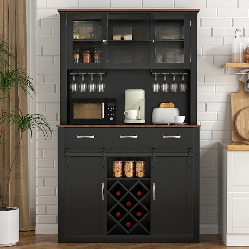 

72" Tall Bar Cabinet with Sliding Barn Doors, Kitchen Pantry Storage Cabinet with Wine & Glass Racks