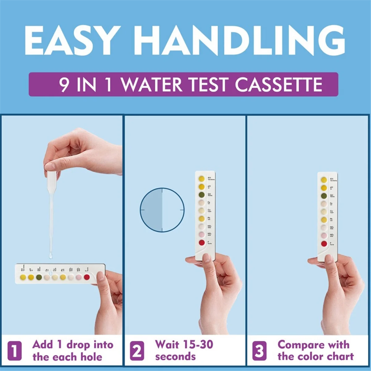 A79G 9 in 1 식수 테스트 키트 PH//GH/Fe/Cu/Pb/NO3/NO2/F 수질 화학 테스트 염소 PH 측정기 (식수용)