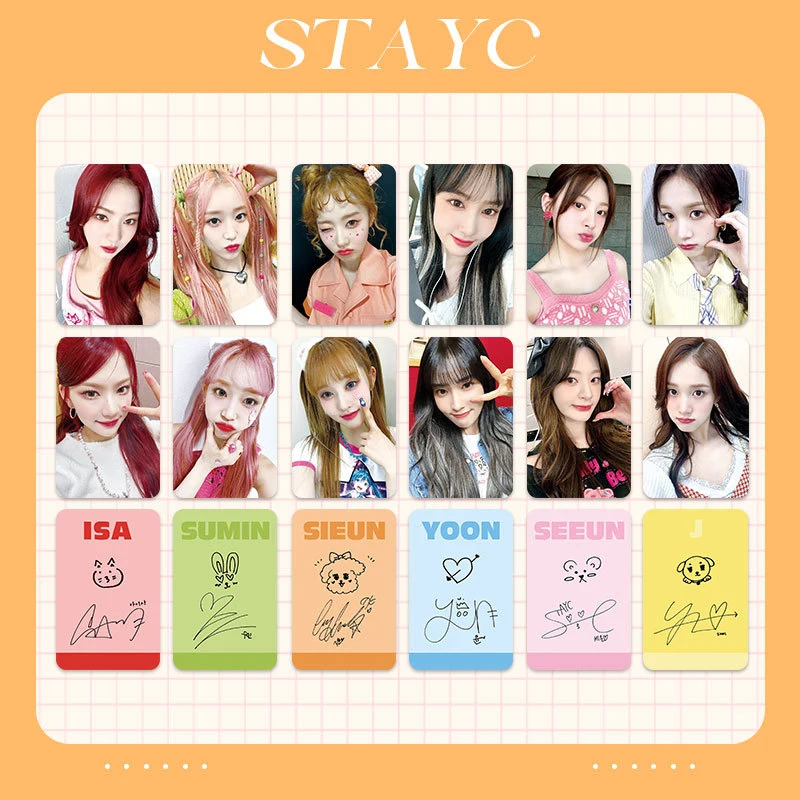 

6pcs KPOP STYAC Teddy Bear Selfie Postcards Two-sides Printing Fillet Corner Bright Film LOMO CARD SIEUN SUMIN Fans Collections