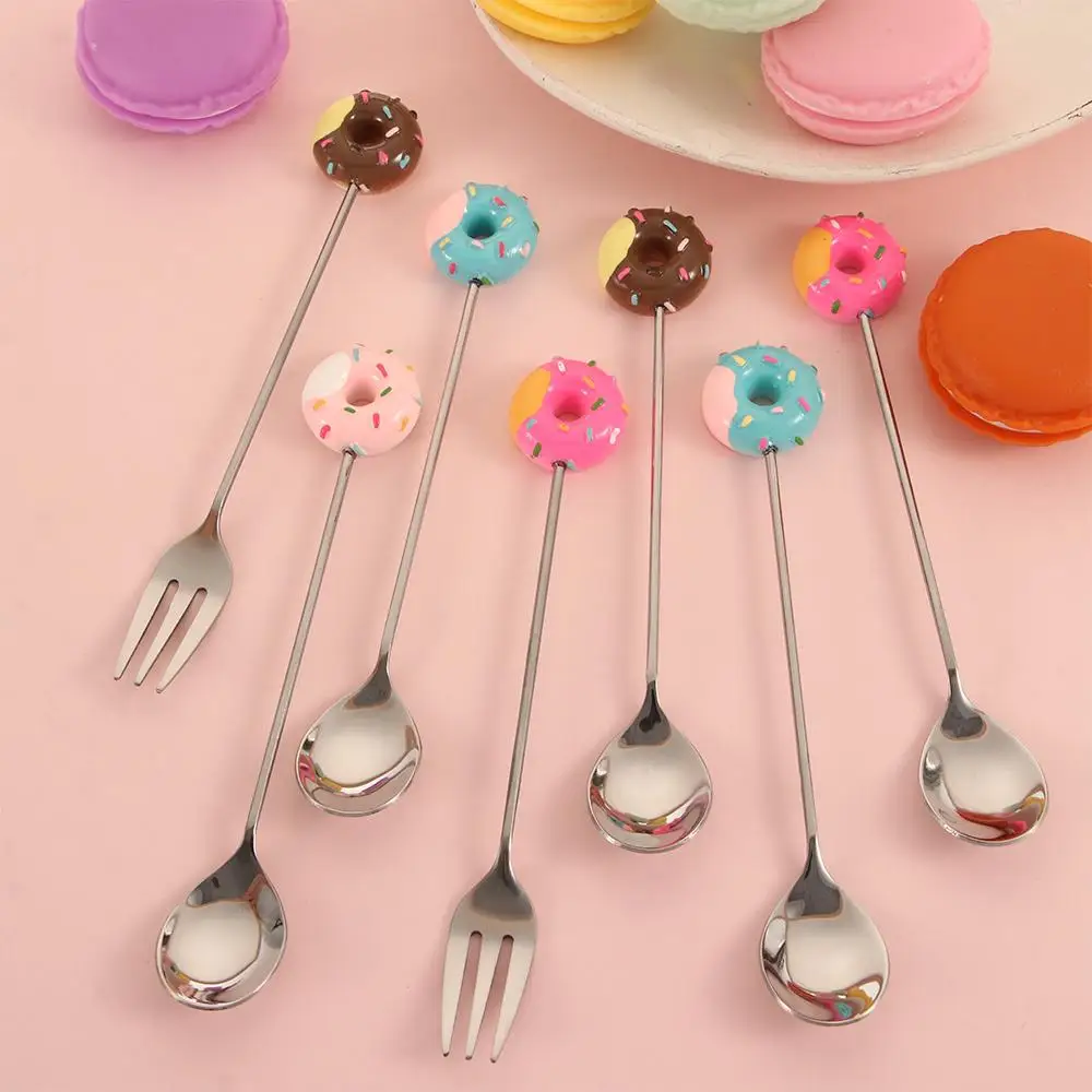 1/4Pcs High Quality Stainless Steel Coffee Spoon Cute Doughnut Dessert Spoon Fork Kitchen Flatware Baby Kids Dinnerware