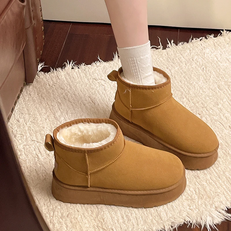 Winter Damen Kurze Plüsch Warme Schneestiefel Freizeitschuhe Neue Wildleder Pelz Chelsea Stiefeletten Flache Plateau Damenstiefel – Detail 2