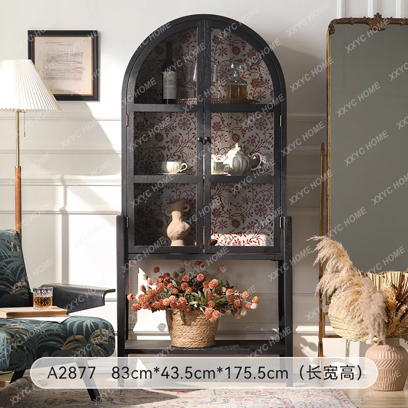 XX black sideboard bookcase solid wood retro glass door painted arched display